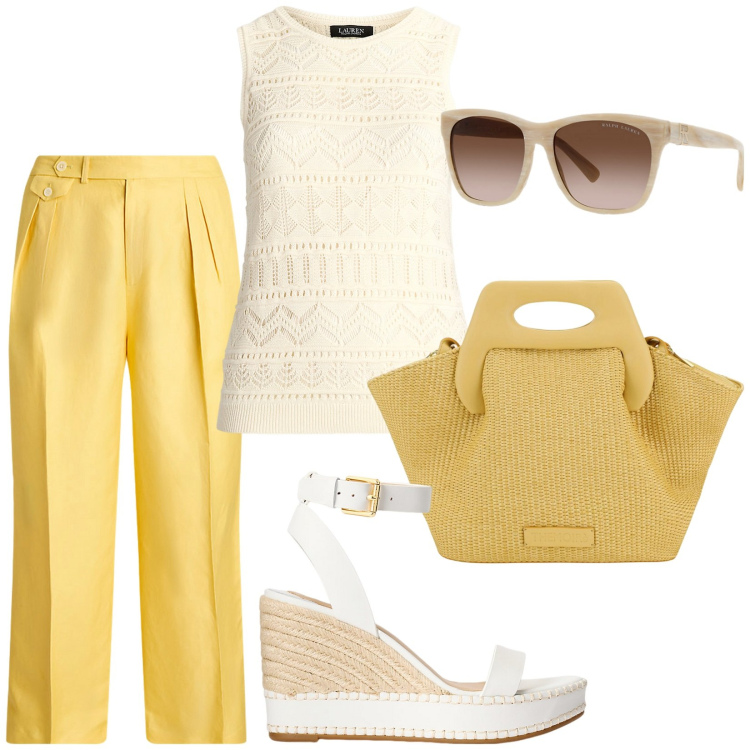 Outfit donna - Look da vacanza. Stile Casual chic per Tutti i giorni. Abbinamento con occhiali da sole, pantaloni, espadrillas, maglieria, borse a mano.