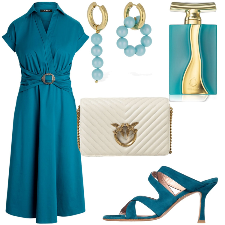 Outfit donna - Total look #1920711. Stile Chic per Serata fuori. Abbinamento con profumi, vestiti, orecchini, sandali col tacco, borse a tracolla.