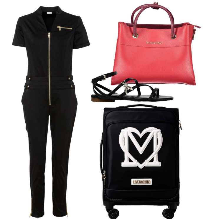 Outfit donna - Comoda per la partenza. per Tutti i giorni. Abbinamento con tute, collane, valigie, sandali in pelle.