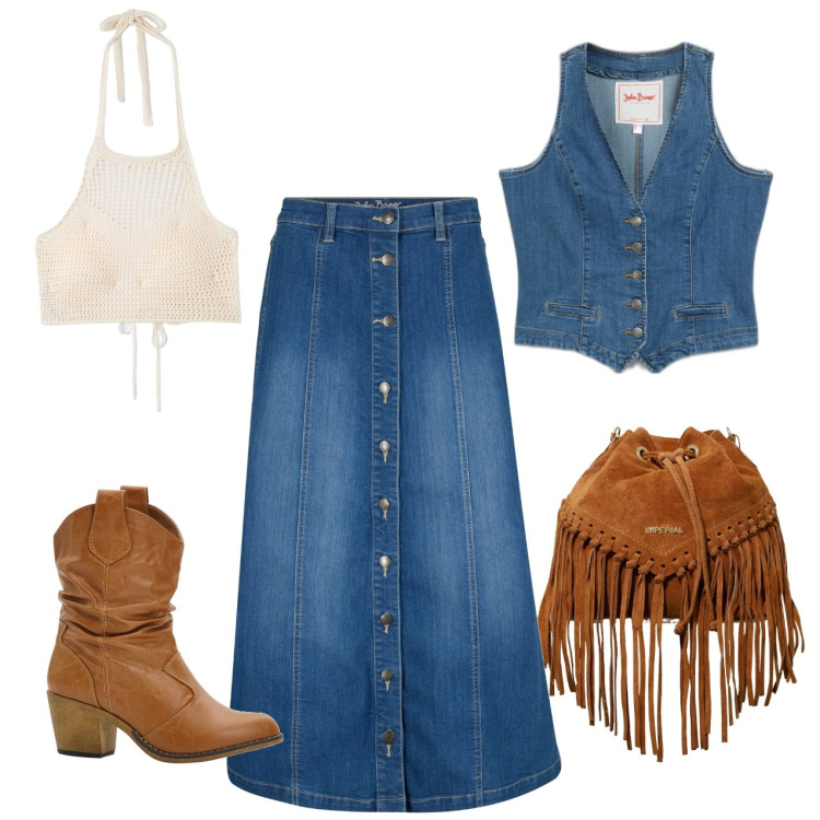Outfit donna - Frange. Stile Etnico per Tutti i giorni. Abbinamento con gilet, gonne longuette, stivaletti texani, top, borse a secchiello.