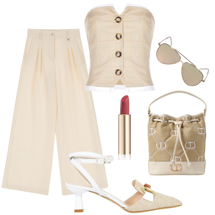 Outfit donna - Estate neutra H24. Stile Glamour per Tutti i giorni. Abbinamento con rossetti, pantaloni a palazzo, top, sandali col tacco, occhiali da sole, borse a spalla.