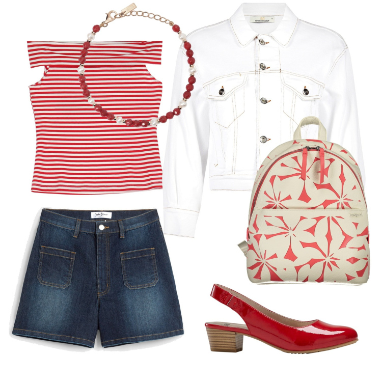 Outfit donna - Rosso protagonista. Stile Casual per Tutti i giorni. Abbinamento con décolleté, shorts, braccialetti, blazer, canottiere, zaini.