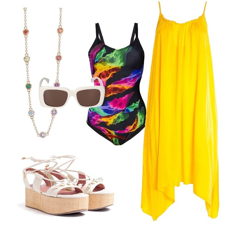 Outfit donna - Total look #1920796. Stile Trendy per Mare. Abbinamento con costumi interi, collane, vestiti asimmetrici, sandali col tacco, occhiali da sole.