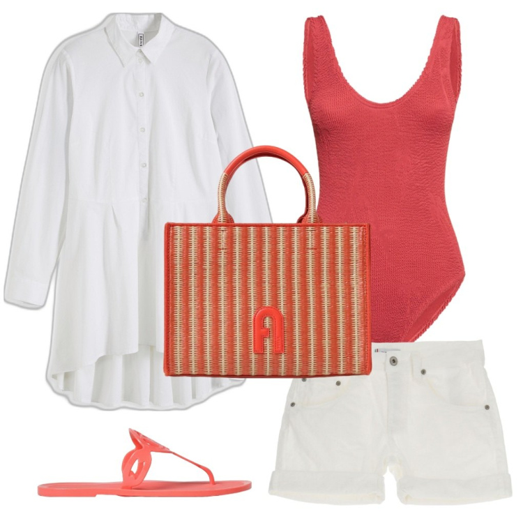 Outfit donna - Alessia: Mar Rosso. Stile Casual chic per Mare. Abbinamento con camicie, shorts, costumi interi, ciabatte, borse tote.