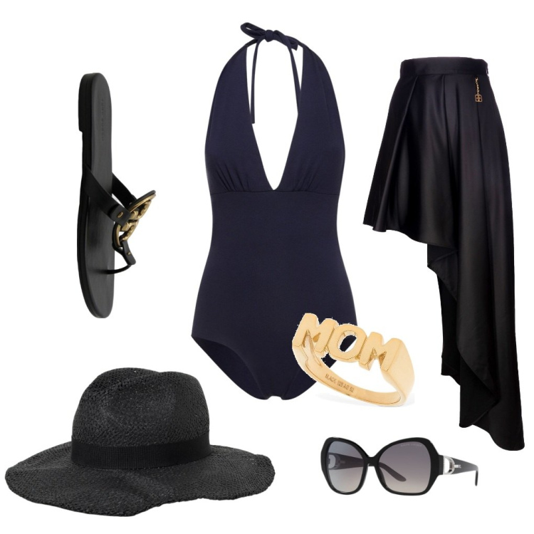 Outfit donna - Letizia: Total Black. Stile Chic per Mare. Abbinamento con gonne lunghe, occhiali da sole, costumi interi, anelli, ciabatte, cappelli.