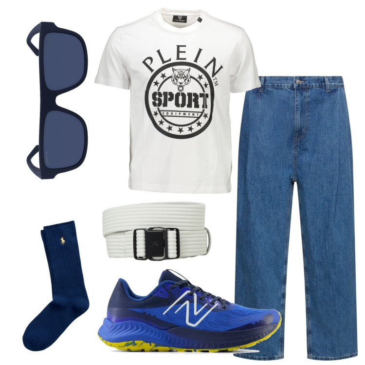 Outfit uomo - Street style. Stile Casual per Tutti i giorni. Abbinamento con sneakers, calzini, t-shirt, occhiali da sole, cinture, jeans.