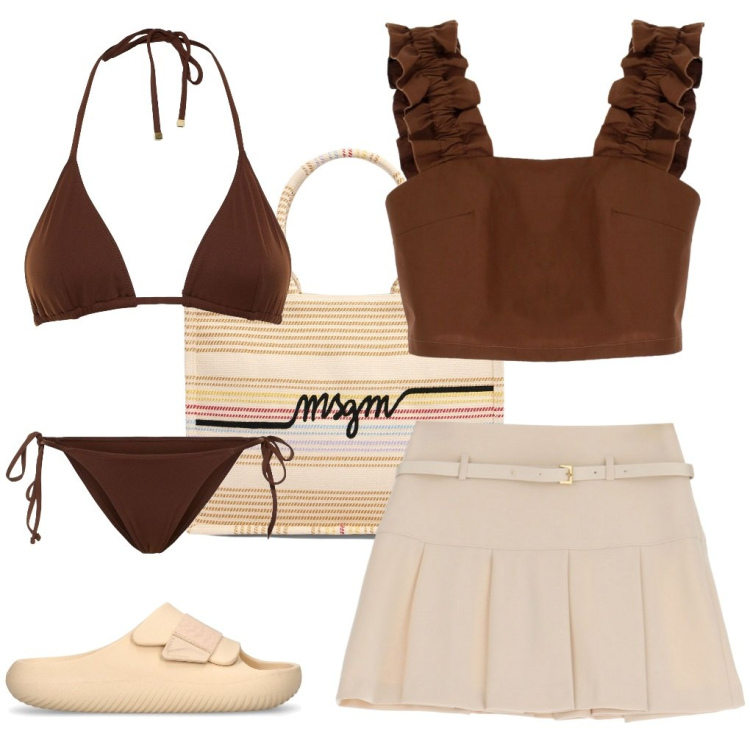 Outfit donna - Paola: panna & cioccolato. Stile Casual per Mare. Abbinamento con top, minigonne, ciabatte, bikini, bikini, shopping bag.