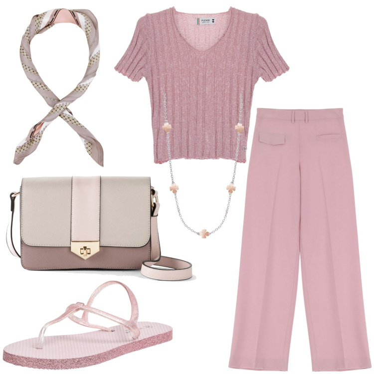 Outfit donna - Total look #1920810. Stile Casual per Tutti i giorni. Abbinamento con borse a tracolla, sandali, collane, pullovers, foulard, pantaloni.