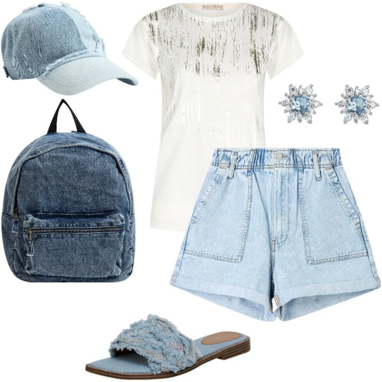 Outfit donna - T-shirt con stampa grafi metallica. Stile Basic per Tutti i giorni. Abbinamento con shorts, ciabatte, cappelli, zaini, orecchini, t-shirt.