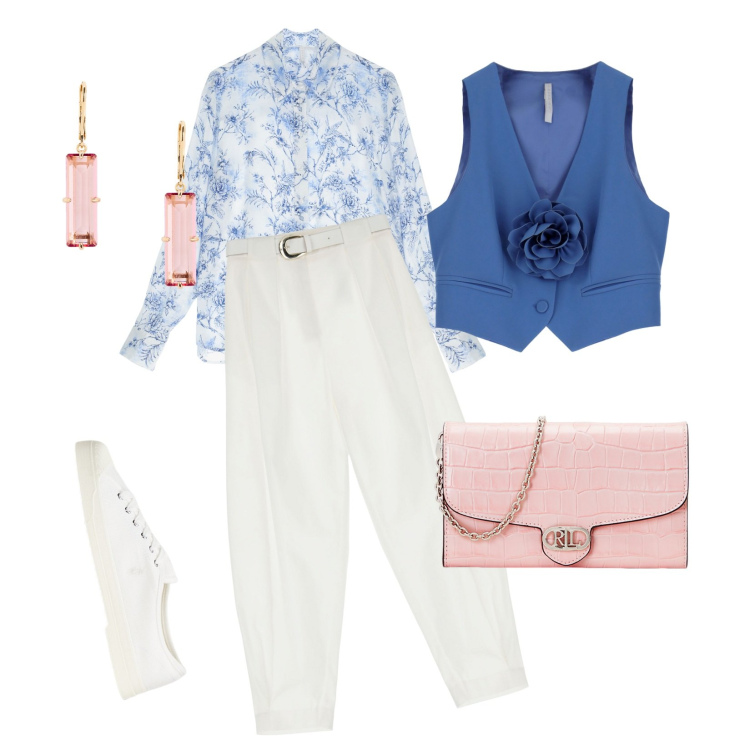 Outfit donna - Battesimo. Abbinamento con pantaloni, gilet, camicie, sneakers, borse a tracolla, orecchini.