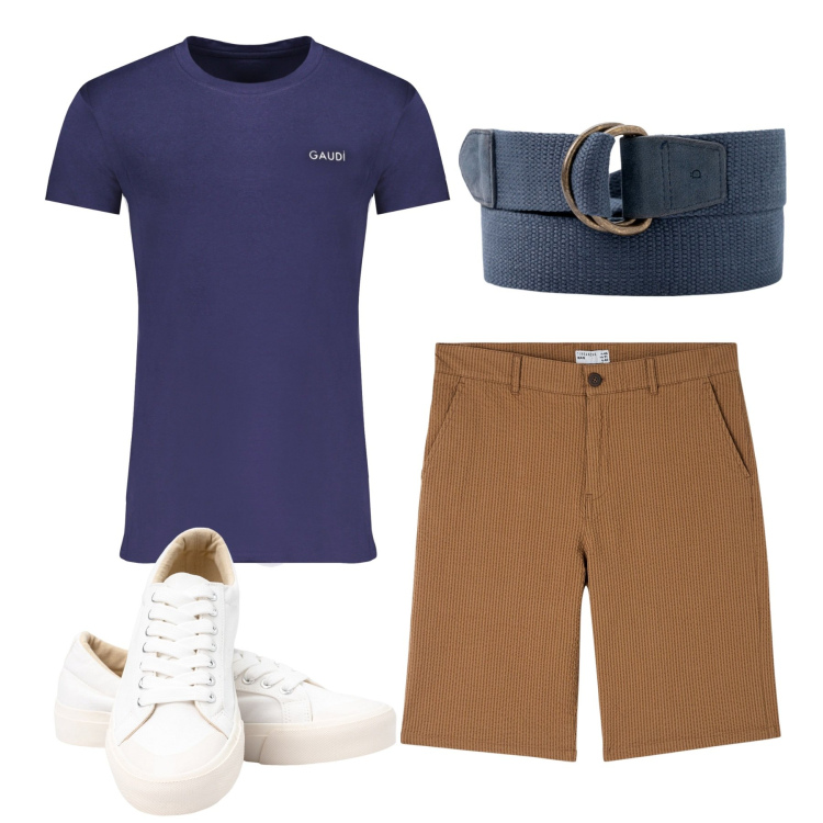 Outfit uomo - Total look. Stile Casual per Tutti i giorni. Abbinamento con bermuda, sneakers, cinture, t-shirt.