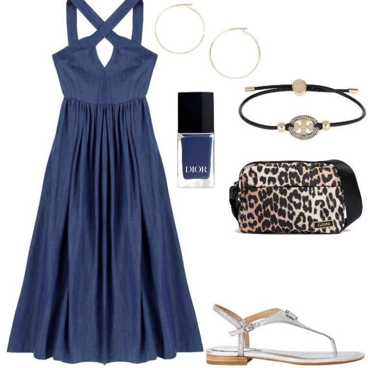 Outfit donna - Smalto effetto vernice in denim Dior. Stile Casual chic per Tutti i giorni. Abbinamento con smalti, vestiti lunghi, sandali in pelle, orecchini, borse a spalla, braccialetti.