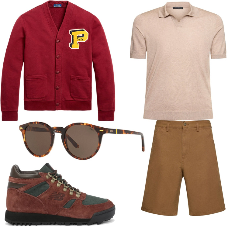 Outfit uomo - campus universitario. Stile Casual per Tutti i giorni. Abbinamento con stivali e stivaletti, occhiali da sole, cardigans, shorts, polo.
