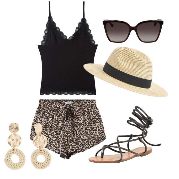 Outfit donna - Ghost outfitter - luglio. Stile Trendy per Tutti i giorni. Abbinamento con orecchini, cappelli, shorts, top, sandali alla schiava, occhiali da sole.