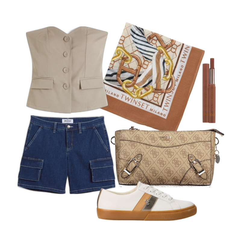 Outfit donna - Ghost outfitter - luglio. Stile Casual chic per Tutti i giorni. Abbinamento con top, shorts, rossetti, sneakers, borse a tracolla, sciarpe.