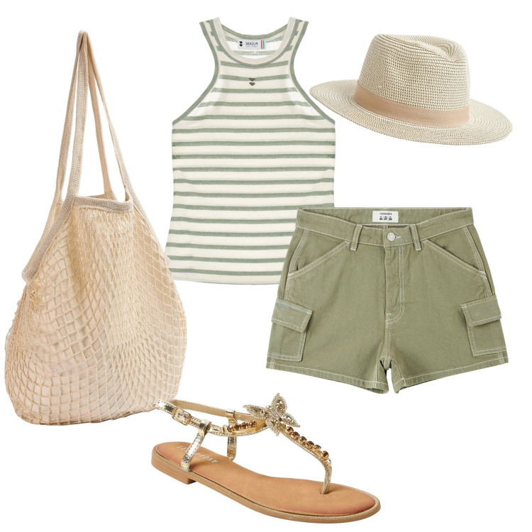 Outfit donna - Shorts+top. Stile Casual per Mare. Abbinamento con pantaloni corti, sandali gioiello, borse a spalla, cappelli, top.