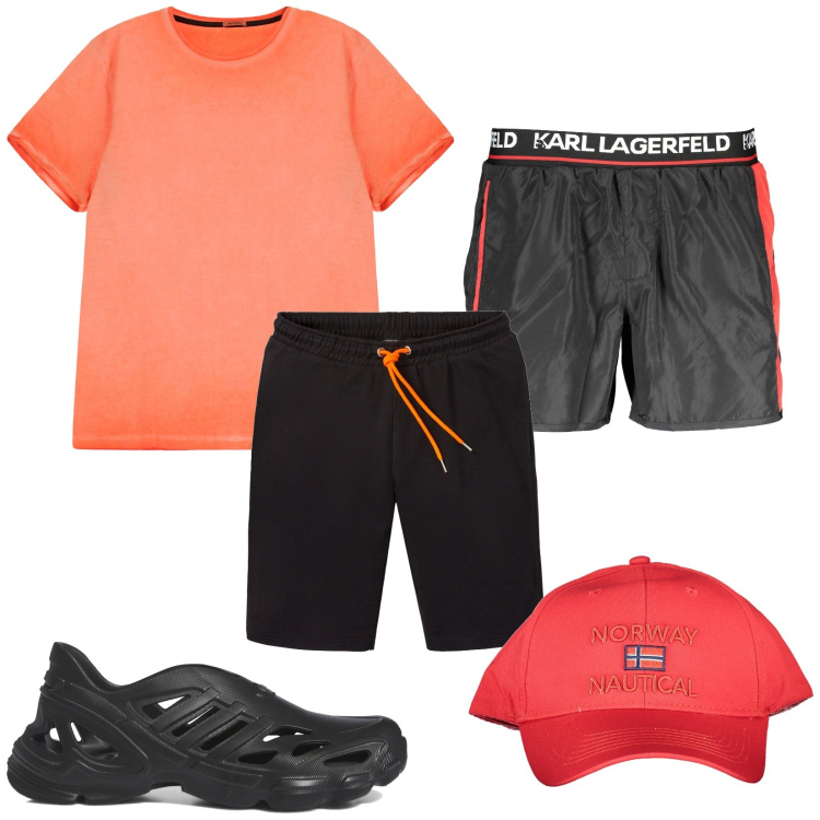 Outfit uomo - Buone vacanze. Stile Trendy per Mare. Abbinamento con bermuda, t-shirt, costumi, cappelli con visiera, sneakers.