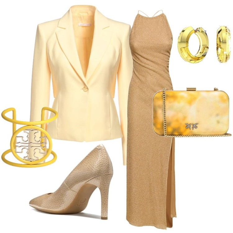 Outfit femme - Juillet 2024 Soir de fête. Style Chic pour Soirée dehors. Assortir avec robes longues, chaussures à talon, boucles d'oreilles, blazers, bracelets, sacs à main.