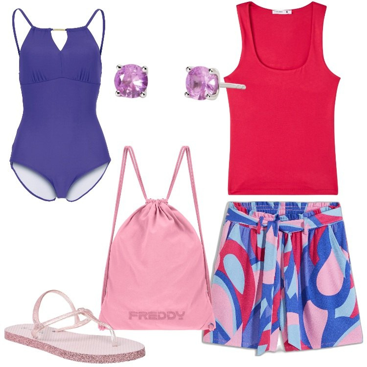 Outfit donna - Combo shorts + top. Stile Basic per Mare. Abbinamento con costumi interi, shorts, canottiere, sandali, orecchini, zaini.