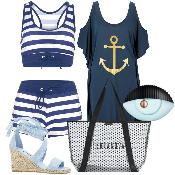Outfit donna - alla marinara. Stile Glamour per Mare. Abbinamento con bikini, vestiti da spiaggia, sandali, profumi, shopping bag.