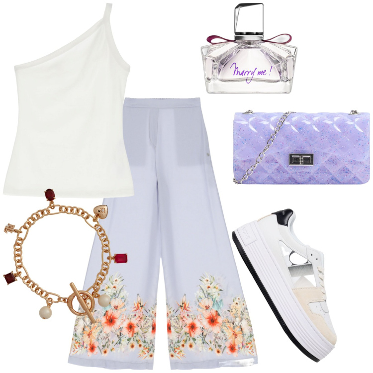 Outfit donna - Total look #1920882. Stile Sporty chic per Tutti i giorni. Abbinamento con profumi, borse a tracolla, pantaloni a palazzo, top, braccialetti, sneakers.