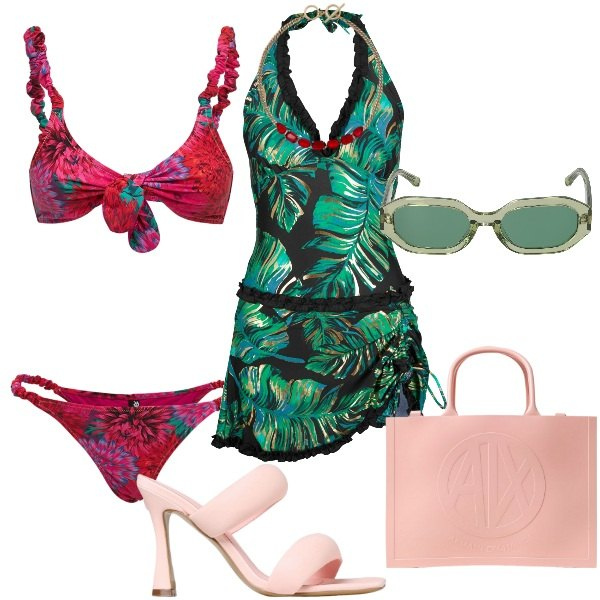 Outfit donna - il bikini rosso per l\'estate. Stile Glamour per Mare. Abbinamento con vestiti da spiaggia, collane, bikini, borse tote, sandali in pelle, occhiali da sole.