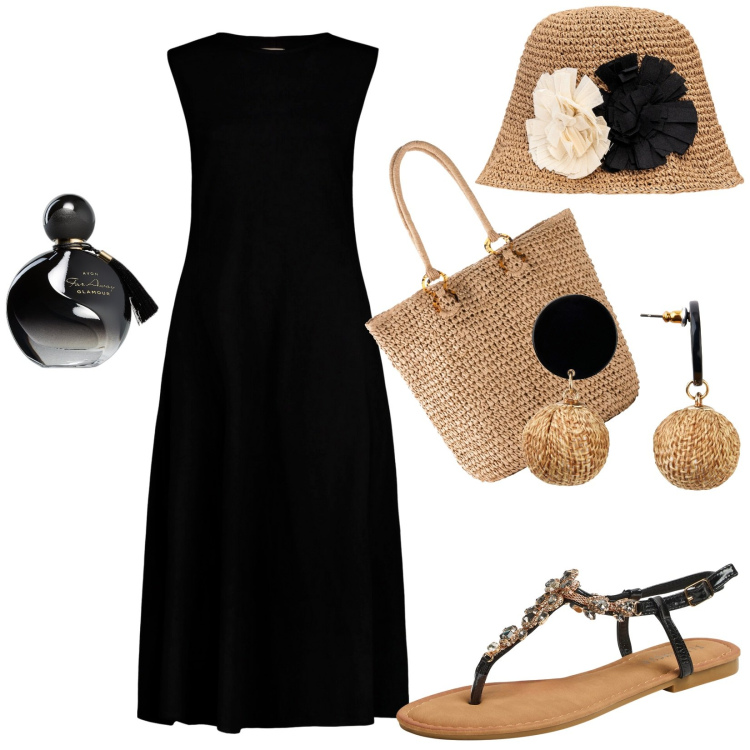 Outfit donna - Total look #1920892. Stile Casual per Ufficio. Abbinamento con orecchini, shopping bag, profumi, sandali gioiello, vestiti midi/longuette, cappelli.