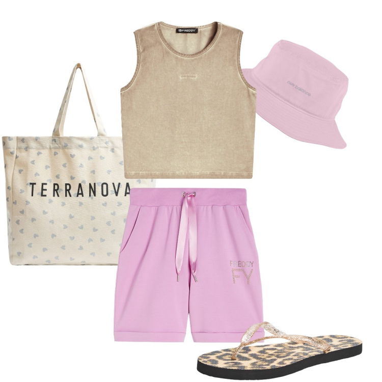 Outfit donna - Shorts e top di Freddy. Stile Basic per Mare. Abbinamento con infradito, shopping bag, cappelli, top, pantaloni corti.