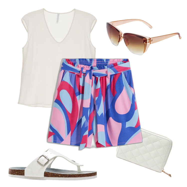 Outfit donna - Gli shorts colorati. Stile Casual chic per Tutti i giorni. Abbinamento con infradito, occhiali da sole, shorts, portafogli, canottiere.