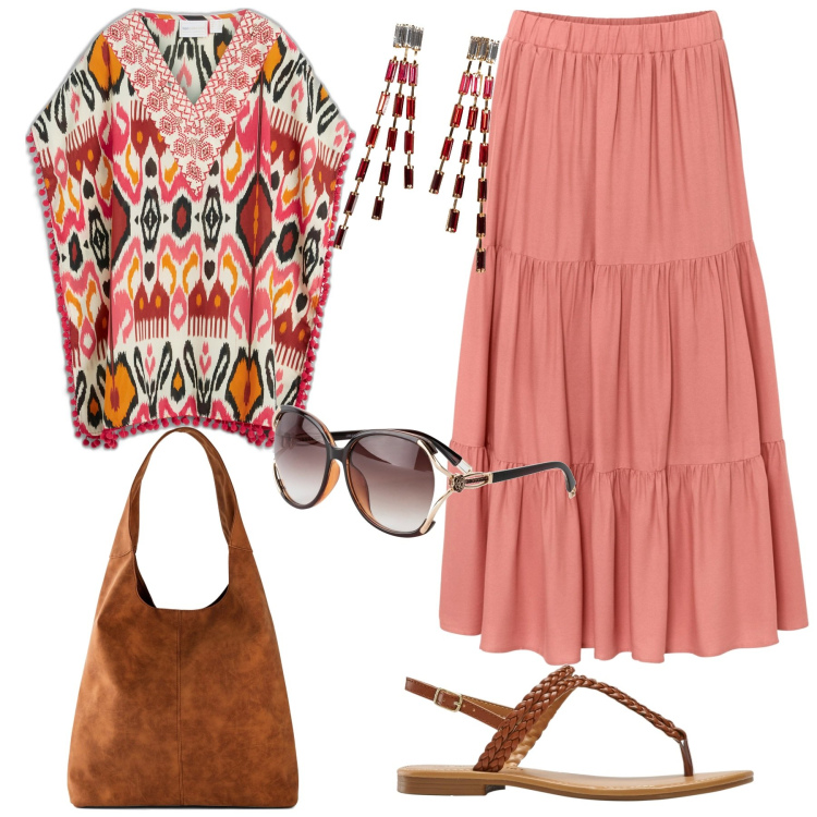 Outfit donna - Stile boho. Stile Boho per Tutti i giorni. Abbinamento con gonne longuette, occhiali da sole, orecchini, tuniche, ciabatte, shopping bag.