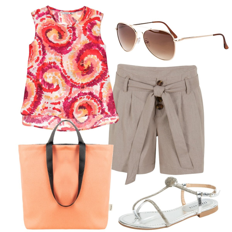 Outfit donna - Gli shorts con fusciacca. Stile Casual chic per Tutti i giorni. Abbinamento con occhiali da sole, shorts, ciabatte, borse tote, canottiere.