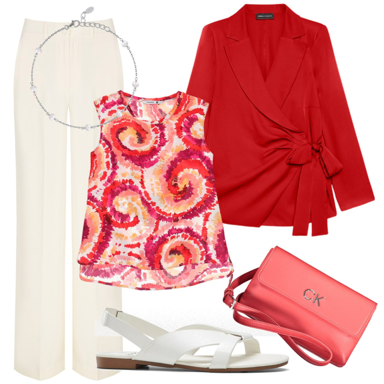 Outfit donna - Mi piace il rosso. Stile Casual chic per Ufficio. Abbinamento con sandali, braccialetti, pantaloni a palazzo, canottiere, blazer, borse a tracolla.