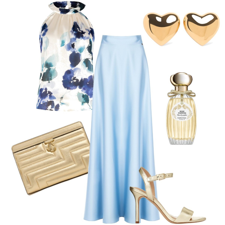 Outfit donna - Evento chic. Stile Chic per Cerimonia. Abbinamento con profumi, gonne, top, sandali in pelle, pochette, orecchini.