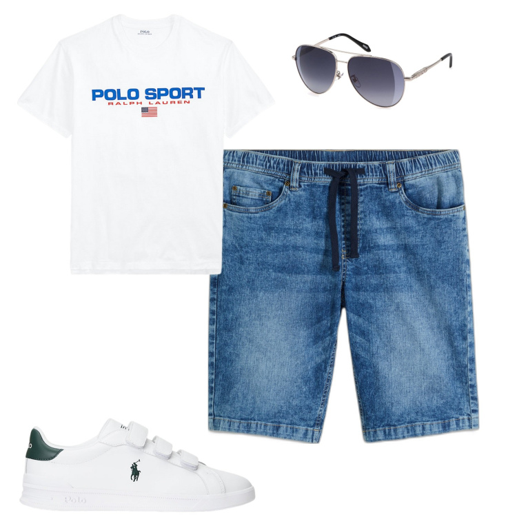 Outfit uomo - Luglio. Stile Casual per Tutti i giorni. Abbinamento con bermuda, t-shirt, sneakers, occhiali da sole.
