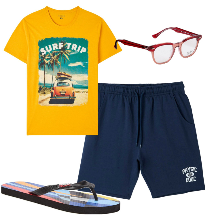 Outfit uomo - Mare. Stile Casual per Mare. Abbinamento con sandali, pantaloni corti, t-shirt, occhiali da sole.