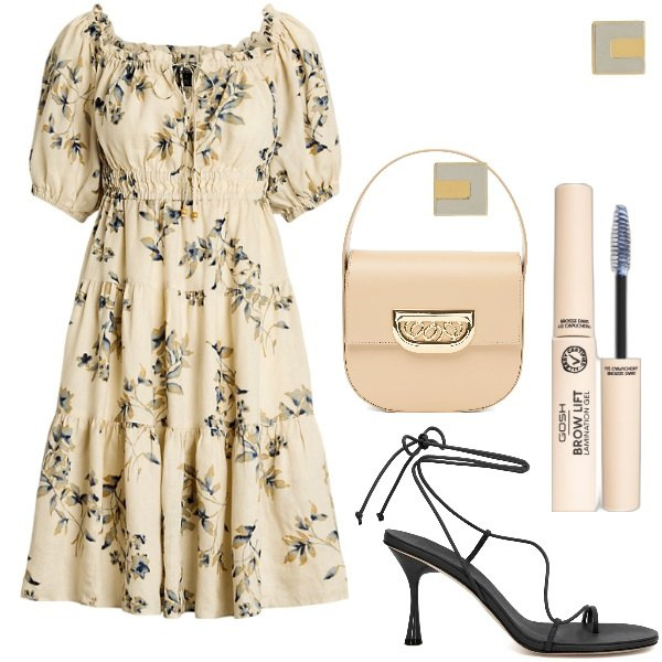 Outfit donna - Vestito a fiori e sandali alla schiava. Stile Romantica per Ufficio. Abbinamento con mascara, vestiti, orecchini, borse a mano, sandali in pelle.