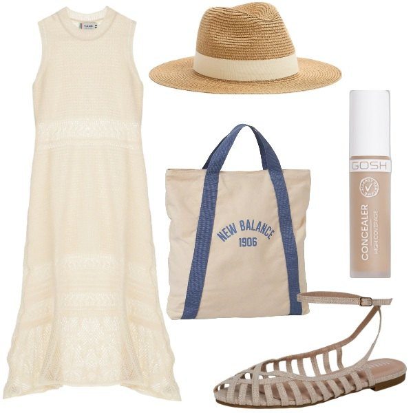 Outfit donna - Abito crochet e ballerine. Stile Boho per Mare. Abbinamento con correttori, cappelli, ballerine, borse a mano, vestiti lunghi.