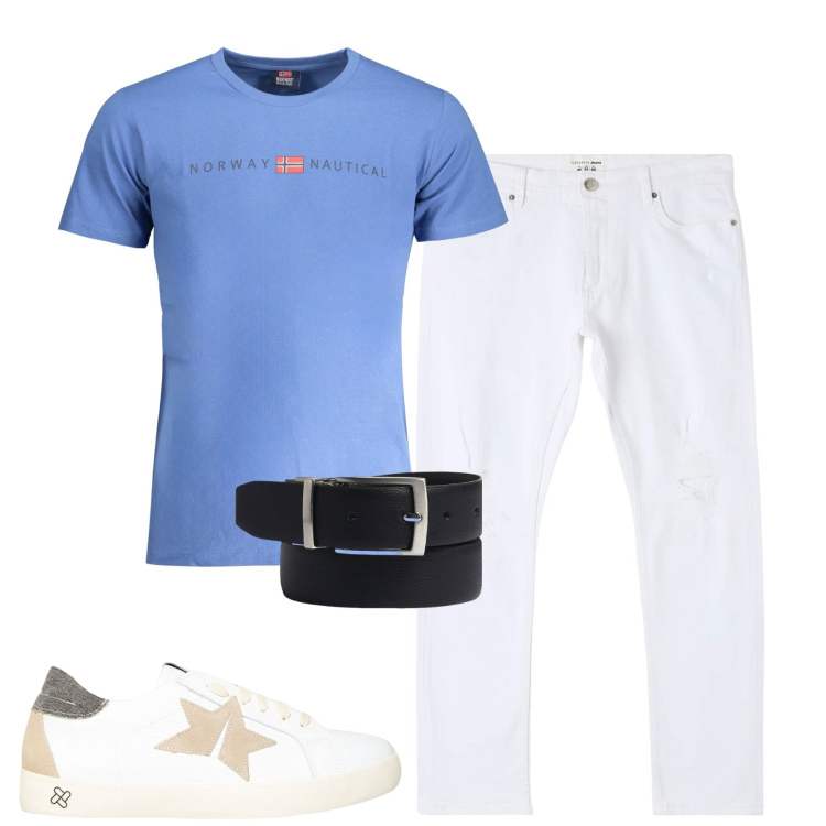 Outfit uomo - Luglio. Stile Casual per Tutti i giorni. Abbinamento con jeans strappati, sneakers, t-shirt, cinture.