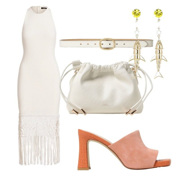 Outfit donna - Una serata al mare. Stile Glamour per Serata fuori. Abbinamento con cinture, vestiti a tubino, pantofole, borse a tracolla, orecchini.