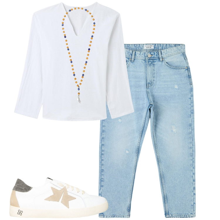 Outfit uomo - Luglio. Stile Casual per Serata speciale. Abbinamento con jeans strappati, camicie, sneakers, collane.