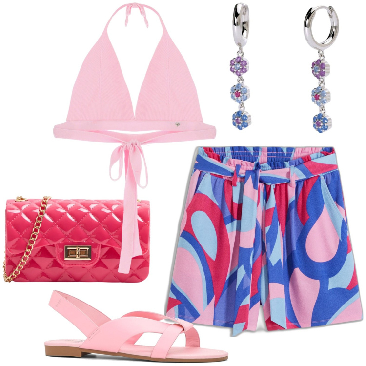Outfit donna - Total look #1920983. Stile Casual per Mare. Abbinamento con shorts, sandali, borse a tracolla, orecchini, top.