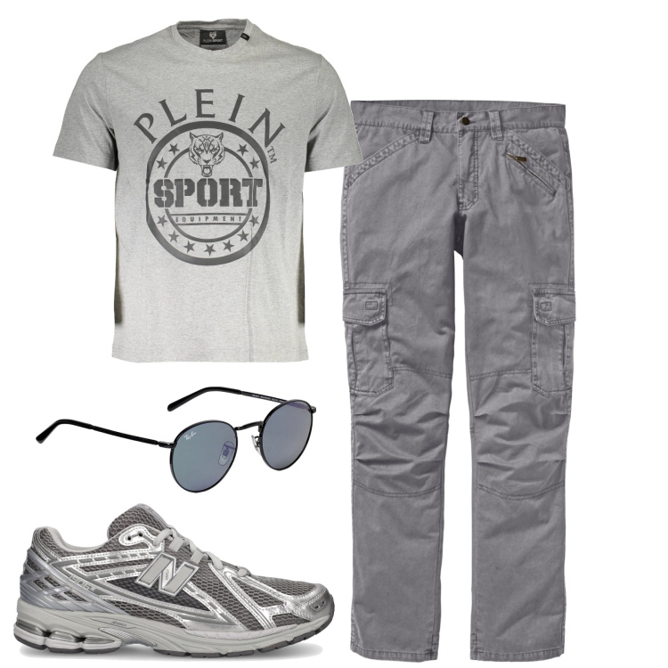 Outfit uomo - Total look #1921003. Stile Casual per Tutti i giorni. Abbinamento con pantaloni cargo, sneakers, t-shirt, occhiali da sole.