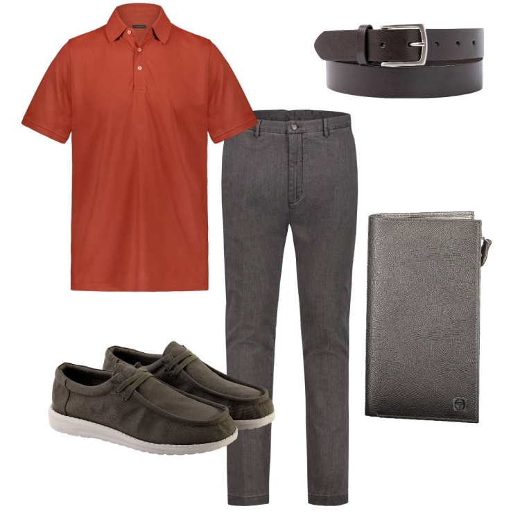 Outfit uomo - In ufficio con l’aria condizionata. Stile Business/Elegante per Ufficio. Abbinamento con pantaloni, portafogli, polo, cinture, scarpe stringate.