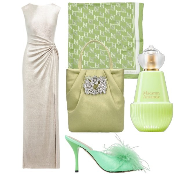 Outfit donna - Vestito in satin e sandali con fiore. Stile Chic per Cerimonia. Abbinamento con profumi, vestiti, borse a mano, sandali col tacco, foulard.