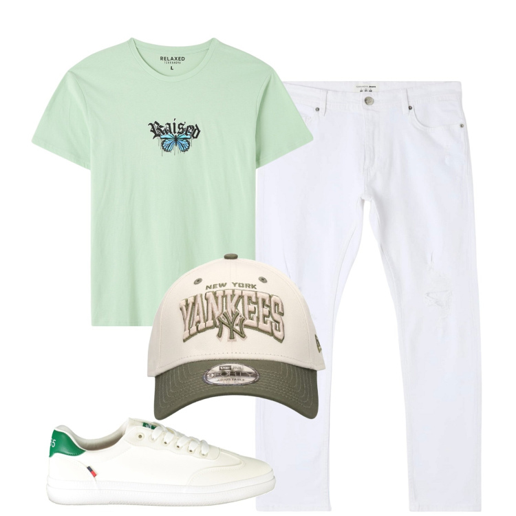 Outfit uomo - Total look #1921049. Stile Casual per Tutti i giorni. Abbinamento con jeans strappati, t-shirt, cappelli, sneakers.