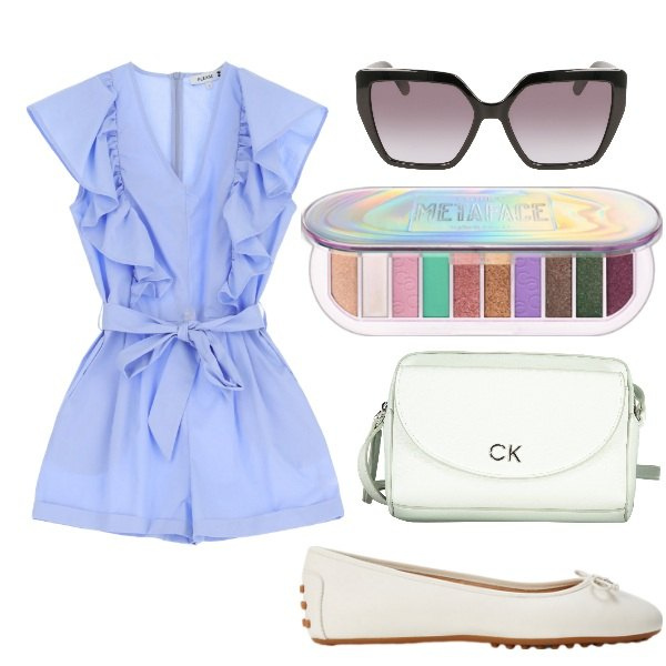 Outfit donna - Fresca per un giro in città. Stile Trendy per Tutti i giorni. Abbinamento con ombretti, vestiti corti, ballerine, occhiali da sole, borse a tracolla.