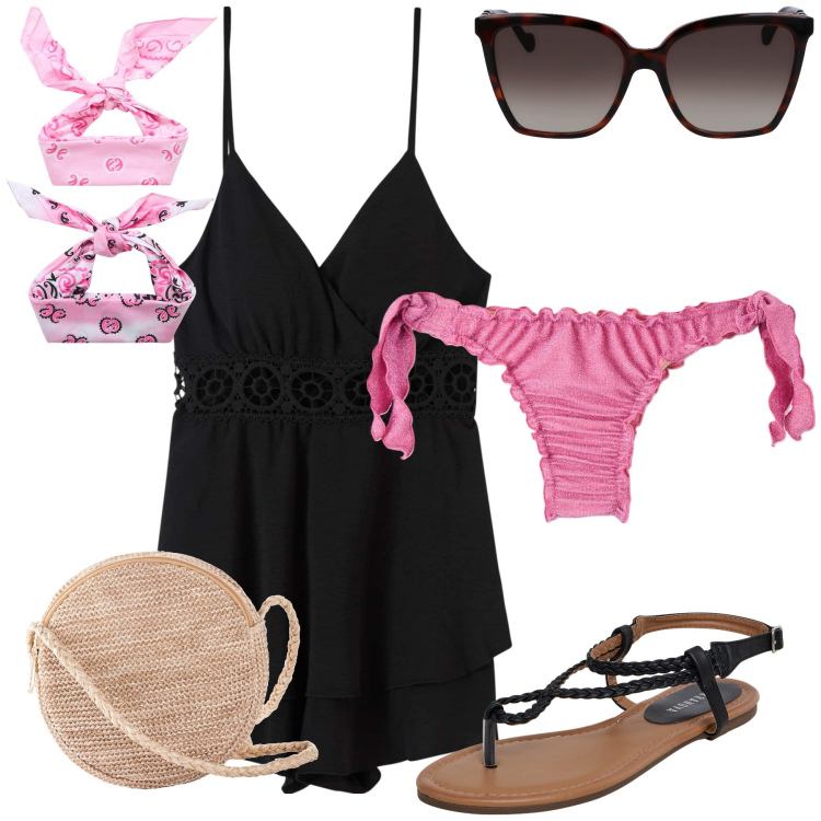 Outfit donna - Che tuta versatile. Stile Glamour per Mare. Abbinamento con borse a tracolla, tuta corta, bikini, fasce per capelli, ciabatte, occhiali da sole.