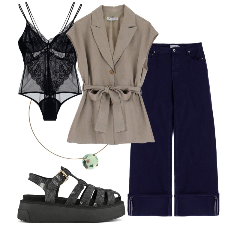 Outfit donna - Please summer sales. Stile Glamour per Tutti i giorni. Abbinamento con gilet, pantaloni, ciondoli, body, sandali.