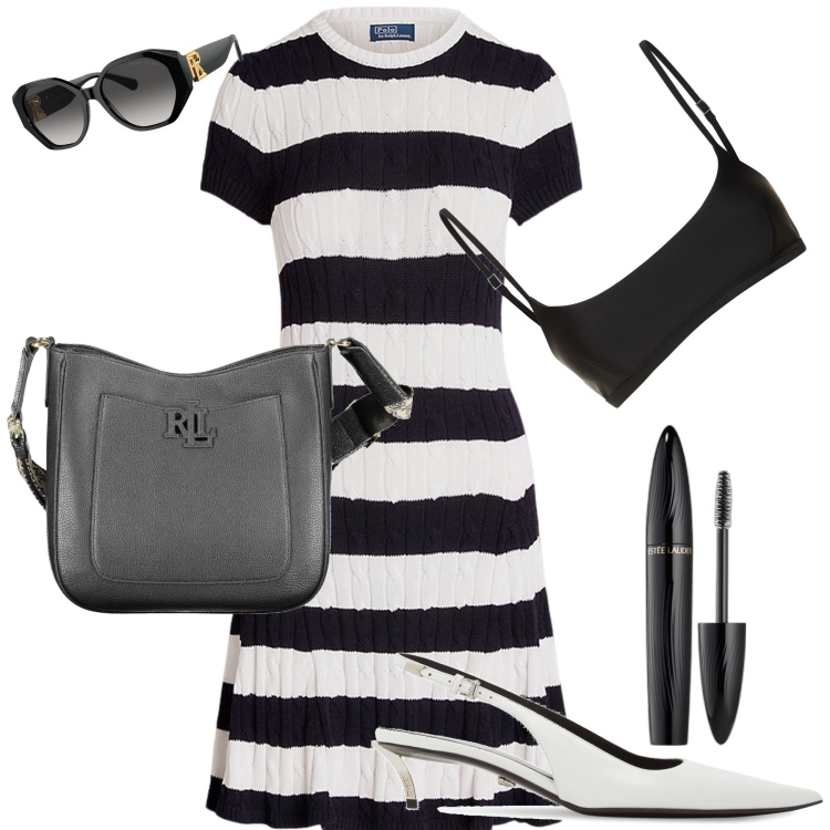 Outfit donna - Righe d a mare. Stile Chic per Mare. Abbinamento con mascara, occhiali da sole, vestiti, décolleté, borse a tracolla, bikini.