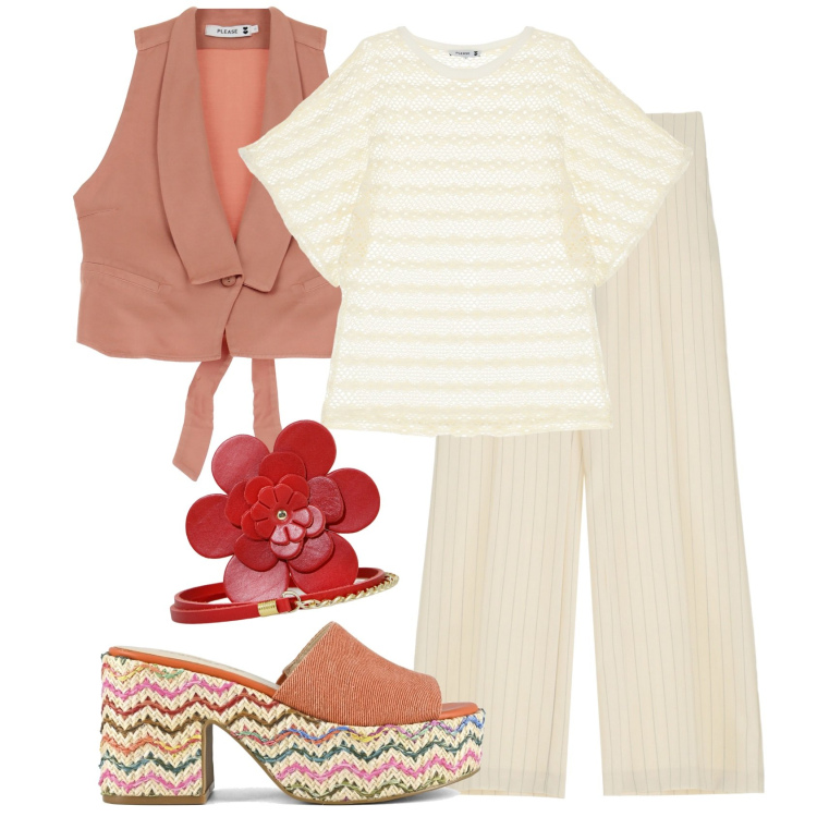 Outfit donna - Please summer sales. Stile Romantica per Tutti i giorni. Abbinamento con t-shirt, pantaloni, gilet, cinture, sandali.